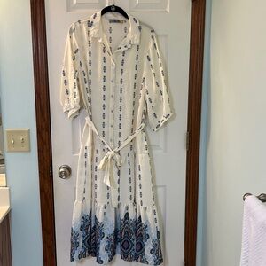 Figueroa & Flower Button Down Ivory & Blue Bohemian Style Lightweight Maxi Dress